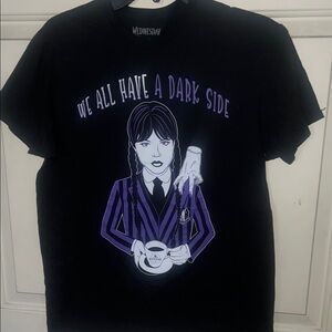 Black Graphic Wednesday T-Shirt with Purple Accents size M
